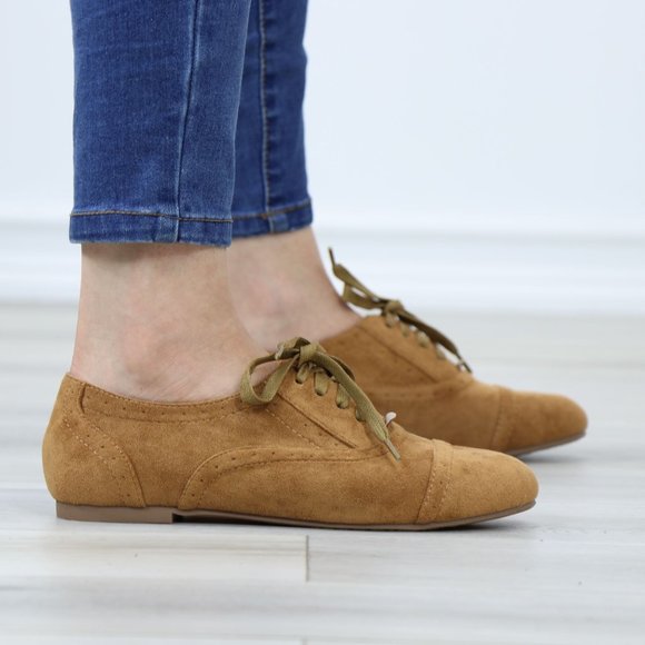 Tan Faux Suede Lace up Flat Heel Oxford Style Shoes - Picture 4 of 12